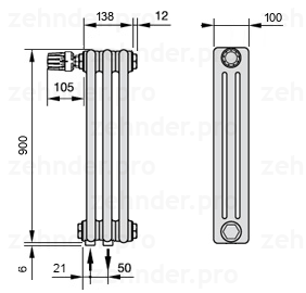 Схема (чертеж) Радиатор Zehnder Charleston 3090/3 №V001 Белый глянцевый RAL 9016